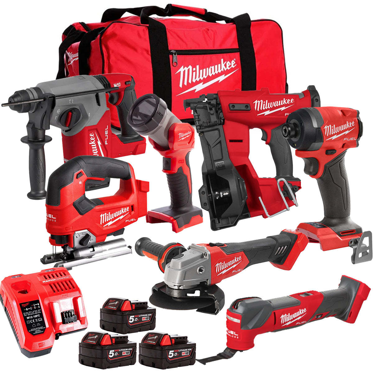 MW M18FPP6L3-503BK19 18V Brushless 7 Piece Tool Kit with 3 x 5.0Ah Batteries Charger & Wheeled Bag-Kikonat