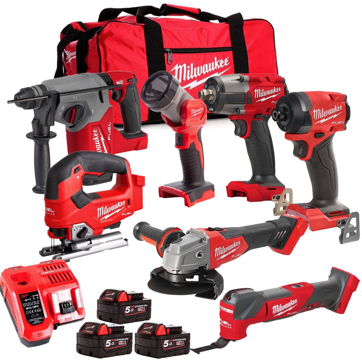 MW M18FPP6L3-503BK23 18V Brushless 7 Piece Tool Kit with 3 x 5.0Ah Batteries Charger & Wheeled Bag-Kikonat