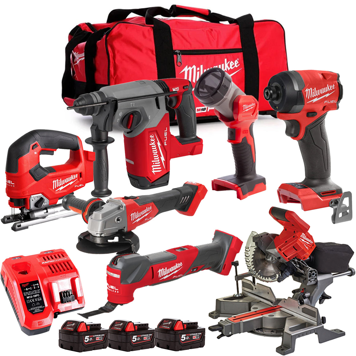 MW M18FPP6L3-503BK25 18V Brushless 7 Piece Tool Kit with 3 x 5.0Ah Batteries Charger & Wheeled Bag-Kikonat
