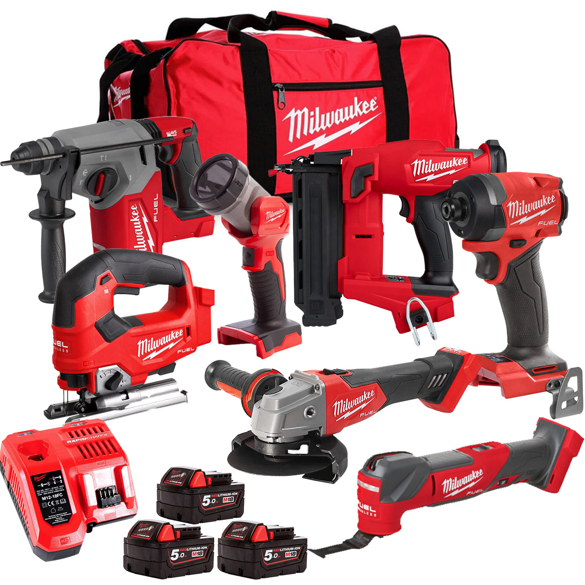 MW M18FPP6L3-503BK27 18V Brushless 7 Piece Tool Kit with 3 x 5.0Ah Batteries Charger & Wheeled Bag-Kikonat