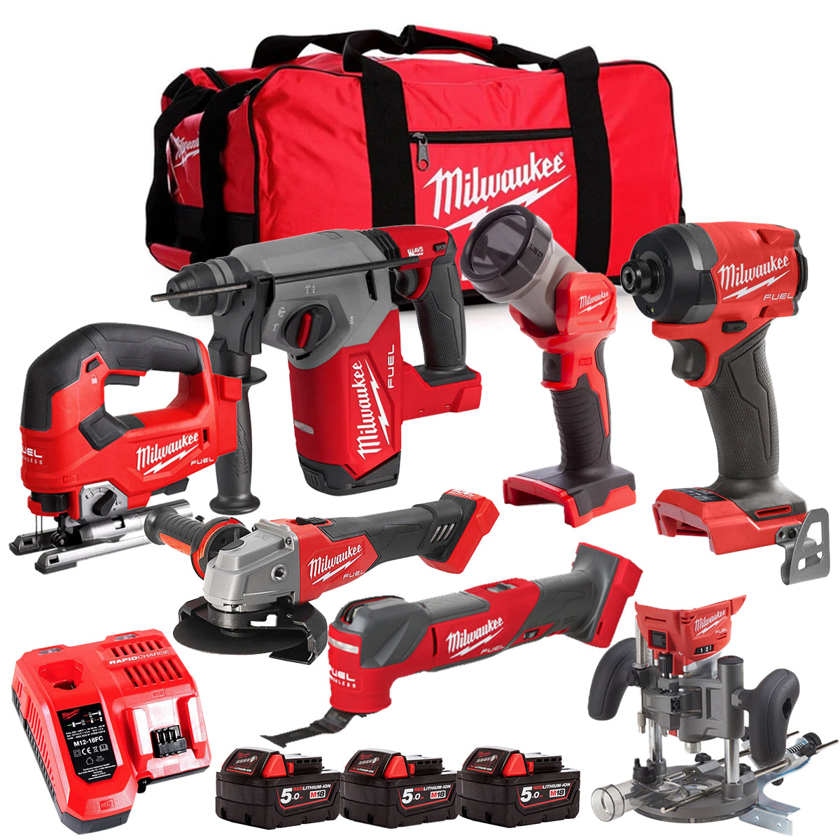 MW M18FPP6L3-503BK28 18V Brushless 7 Piece Tool Kit with 3 x 5.0Ah Batteries Charger & Wheeled Bag-Kikonat