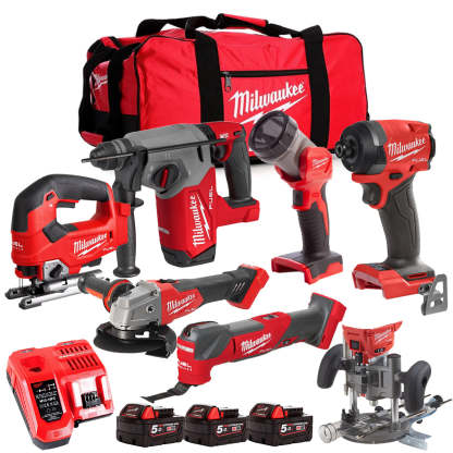 MW M18FPP6L3-503BK28 18V Brushless 7 Piece Tool Kit with 3 x 5.0Ah Batteries Charger & Wheeled Bag-Kikonat