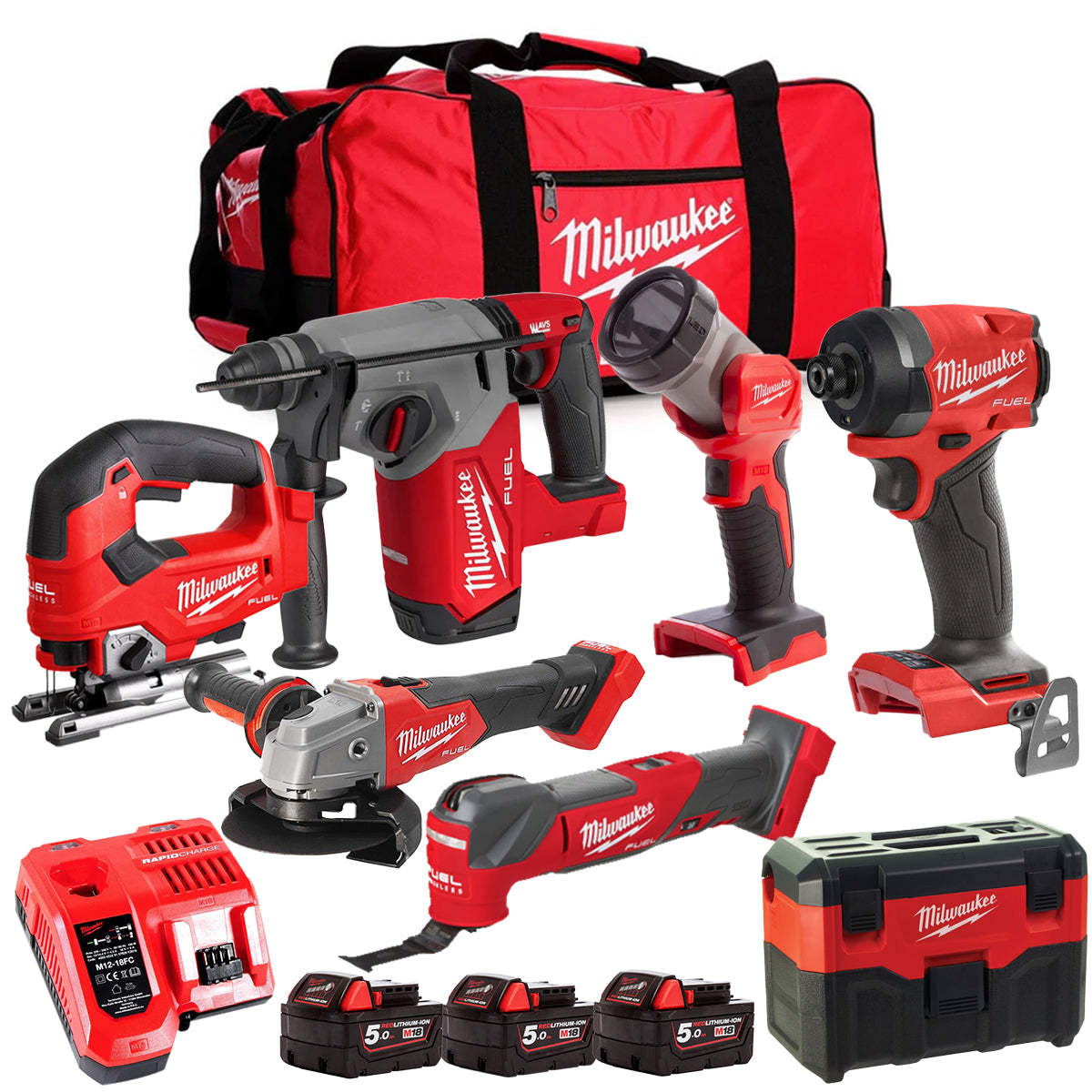 MW M18FPP6L3-503BK29 18V 7 Piece Tool Kit with 3 x 5.0Ah Batteries Charger & Wheeled Bag-Kikonat
