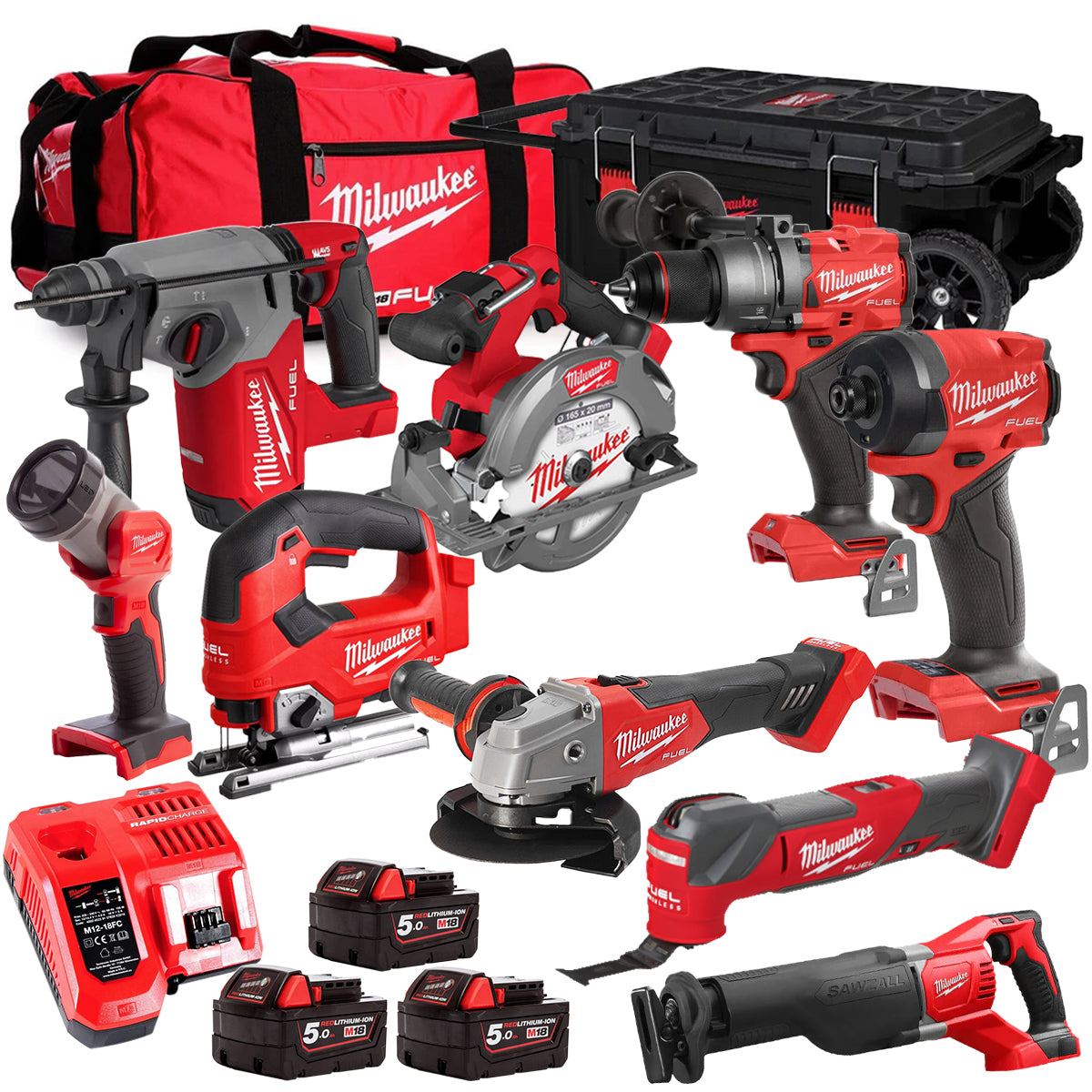 MW M18FPP6L3-503BK23 18V 9 Piece Tool Kit with 3 x 5.0Ah Batteries Charger & Wheeled Bag-Kikonat