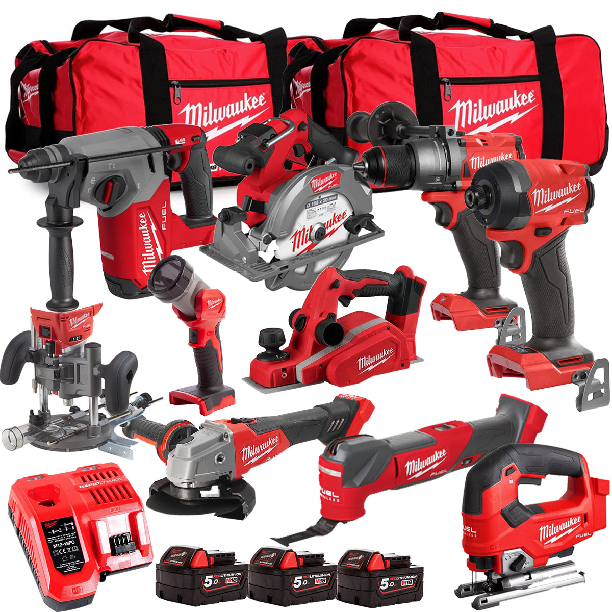 MW M18FPP6L3-503BK25 18V 10 Piece Tool Kit with 3 x 5.0Ah Batteries Charger & Wheeled Bag-Kikonat