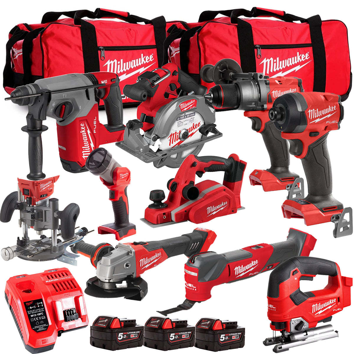 MW M18FPP6L3-503BK25 18V 10 Piece Tool Kit with 3 x 5.0Ah Batteries Charger & Wheeled Bag-Kikonat