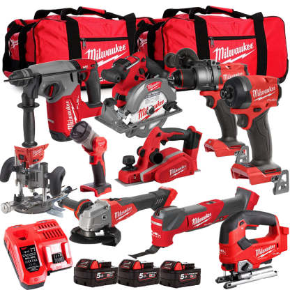 MW M18FPP6L3-503BK25 18V 10 Piece Tool Kit with 3 x 5.0Ah Batteries Charger & Wheeled Bag-Kikonat