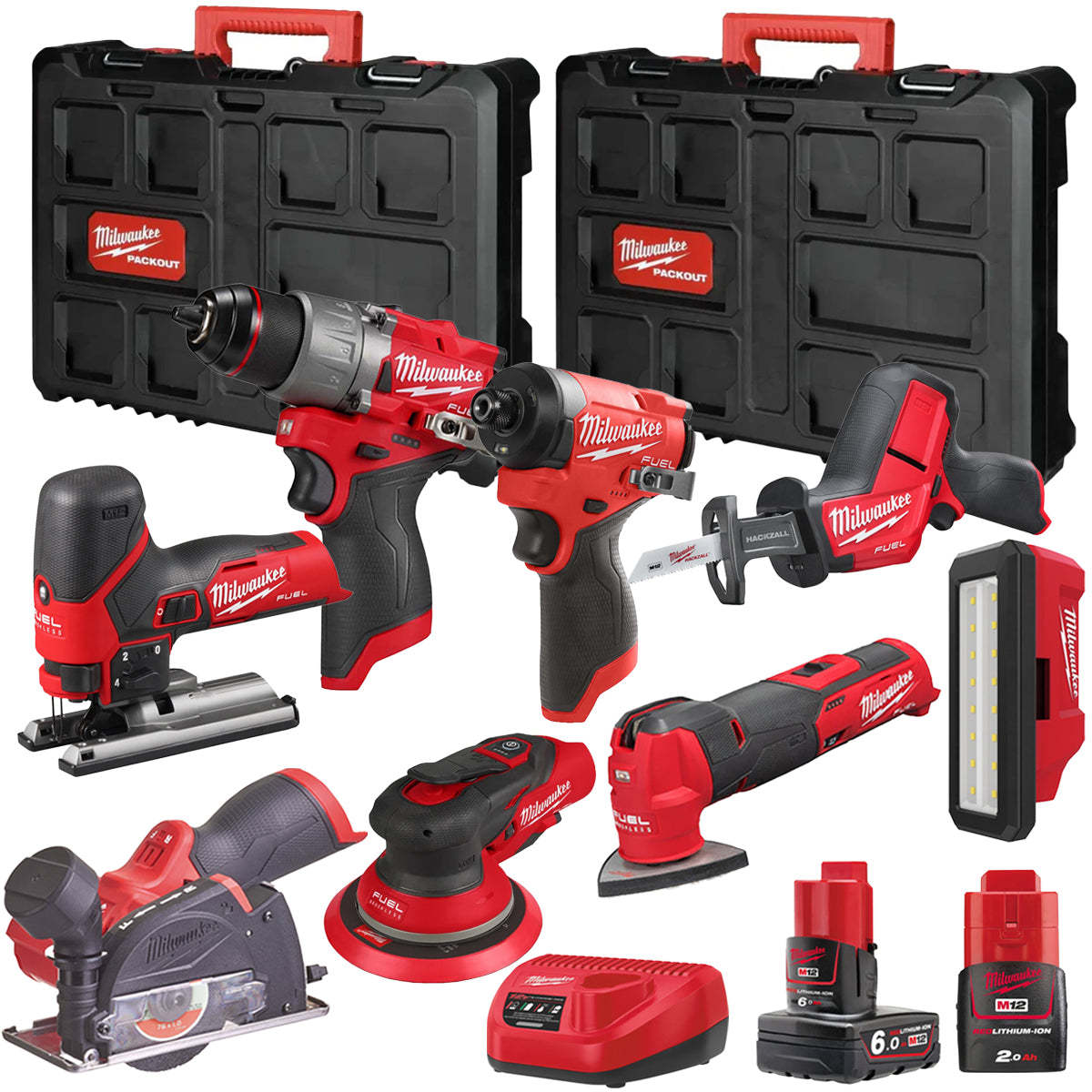 MW M12FPP7B2-627P 12V Fuel 8 Piece Powerpack Tool Kit with 1 x 6.0Ah & 2.0Ah Batteries, Charger & Case-Kikonat