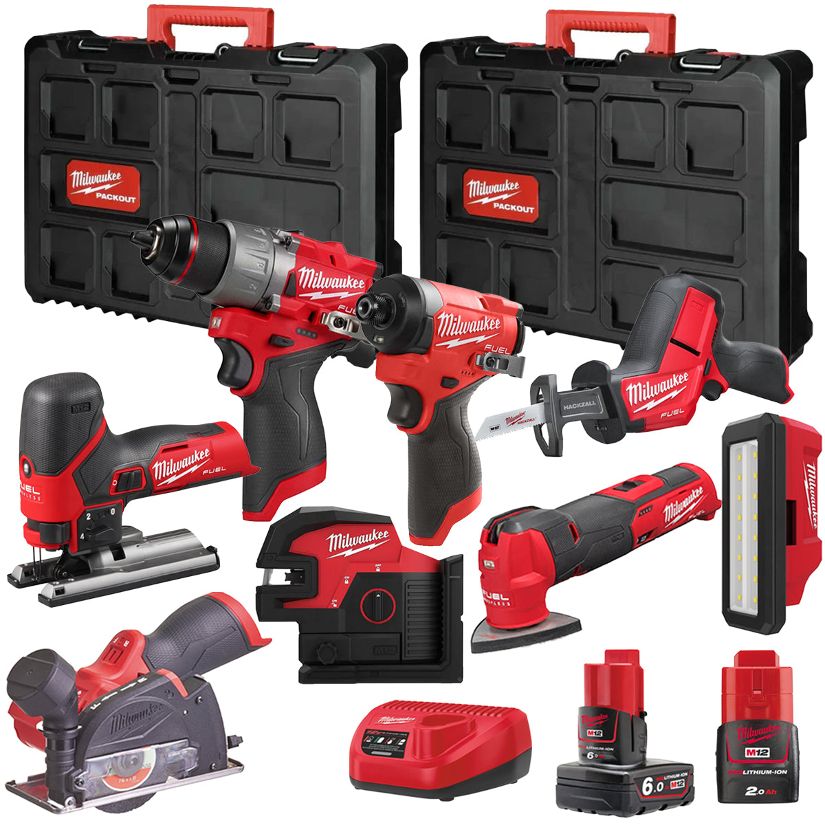MW M12FPP7B2-628P 12V Fuel 8 Piece Powerpack Tool Kit with 1 x 6.0Ah & 2.0Ah Batteries, Charger & Case-Kikonat