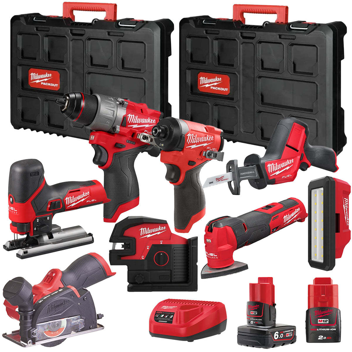 MW M12FPP7B2-628P 12V Fuel 8 Piece Powerpack Tool Kit with 1 x 6.0Ah & 2.0Ah Batteries, Charger & Case-Kikonat