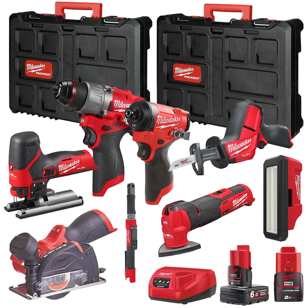 MW M12FPP7B2-630P 12V Fuel 8 Piece Powerpack Tool Kit with 1 x 6.0Ah & 2.0Ah Batteries, Charger & Case-Kikonat
