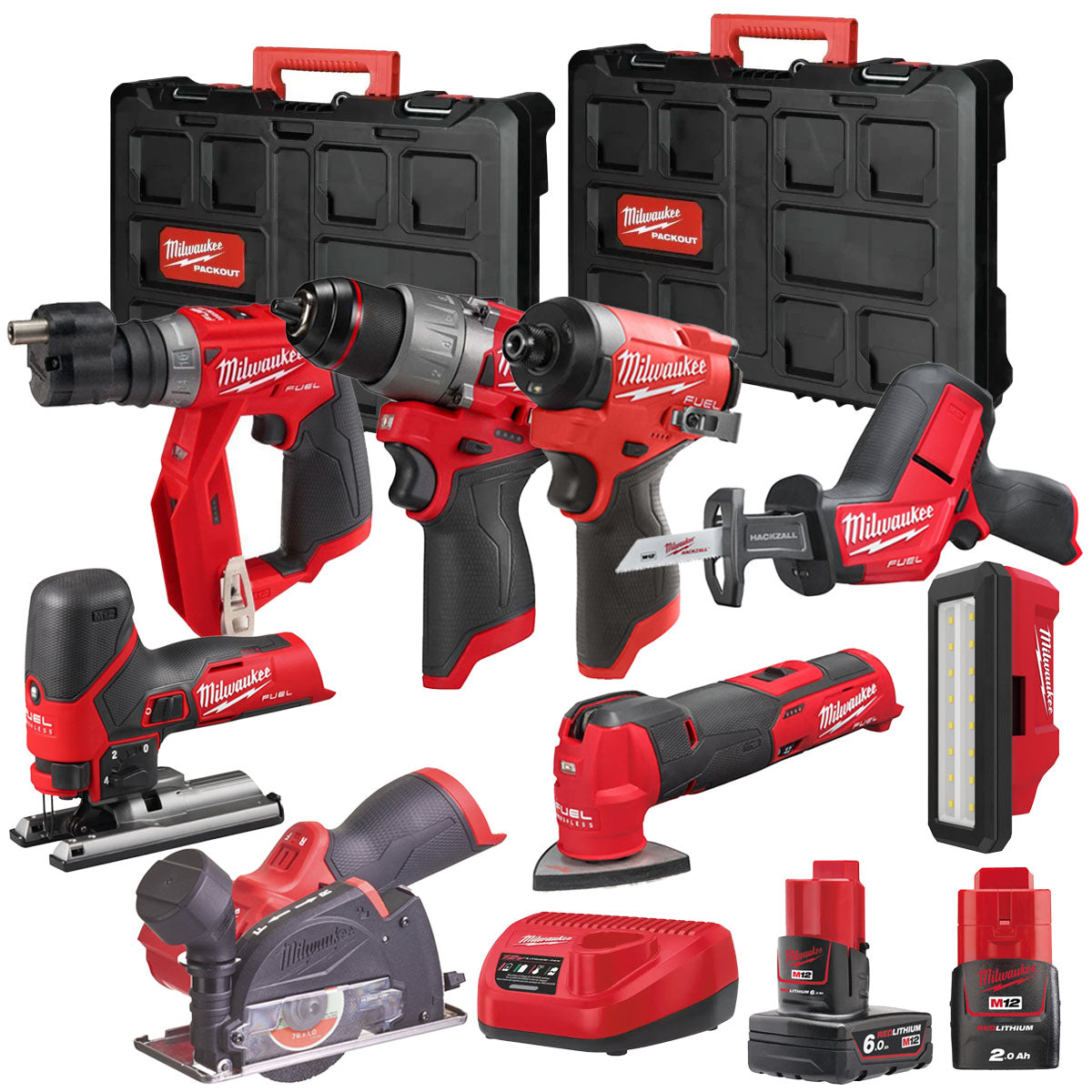 MW M12FPP7B2-639P 12V Fuel 8 Piece Powerpack Tool Kit with 1 x 6.0Ah & 2.0Ah Batteries, Charger & Case-Kikonat