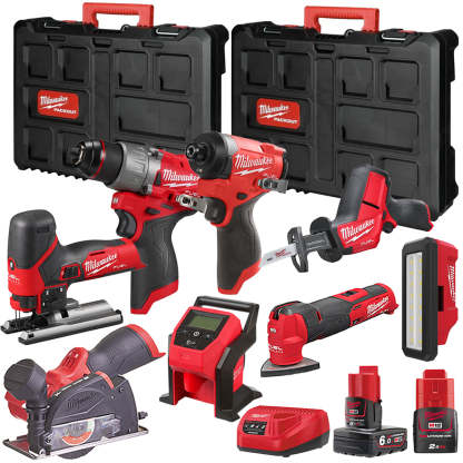 MW M12FPP7B2-654P 12V Fuel 8 Piece Powerpack Tool Kit with 1 x 6.0Ah & 2.0Ah Batteries, Charger & Case-Kikonat