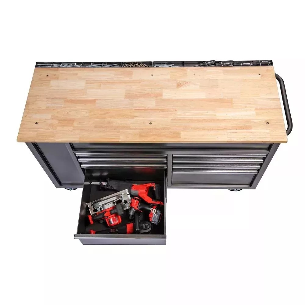 61 IN. W 10-DRAWER, DEEP TOOL CHEST MOBILE WORKBENCH IN METALLIC SILVER WITH SLIDING VERTICAL BIN STORAGE DRAWER-Kikonat