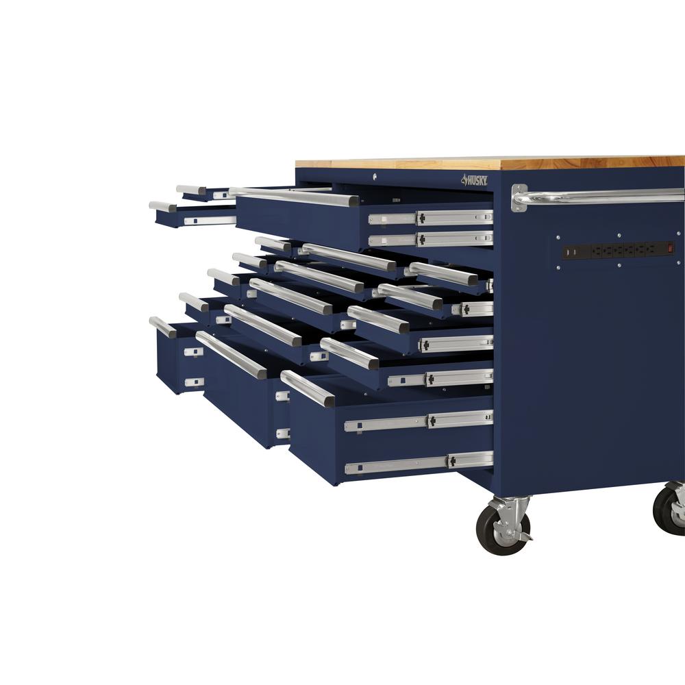 72 in. 18-Drawer Mobile Workbench with Solid Wood Top in Gloss Blue-Kikonat