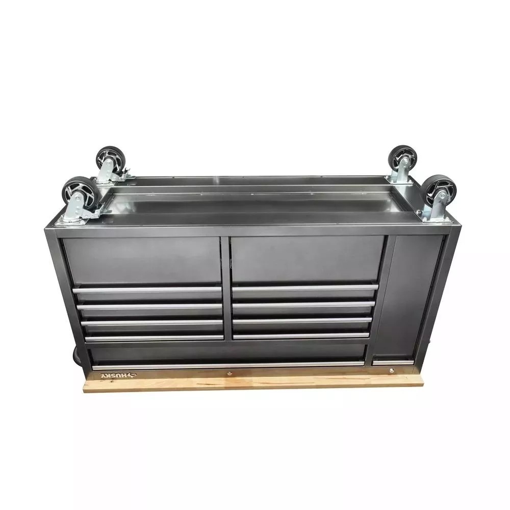 61 IN. W 10-DRAWER, DEEP TOOL CHEST MOBILE WORKBENCH IN METALLIC SILVER WITH SLIDING VERTICAL BIN STORAGE DRAWER-Kikonat