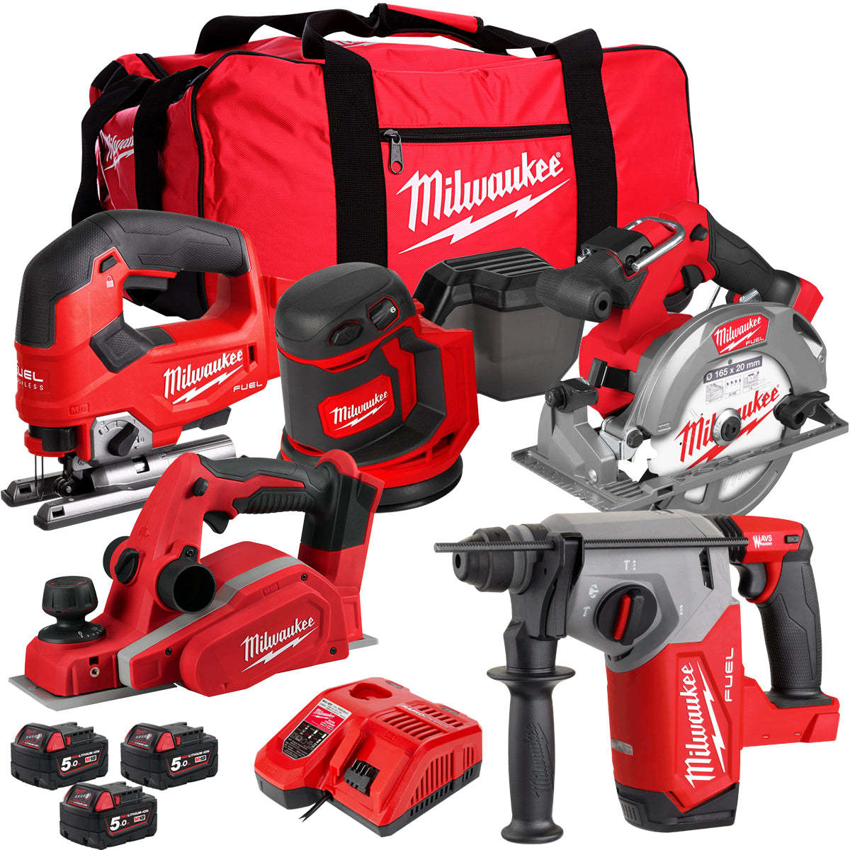 MW M18PP5T-503B 18V Woodworking 5 Piece Tool Kit with 3 x 5.0Ah Batteries & Charger-Kikonat