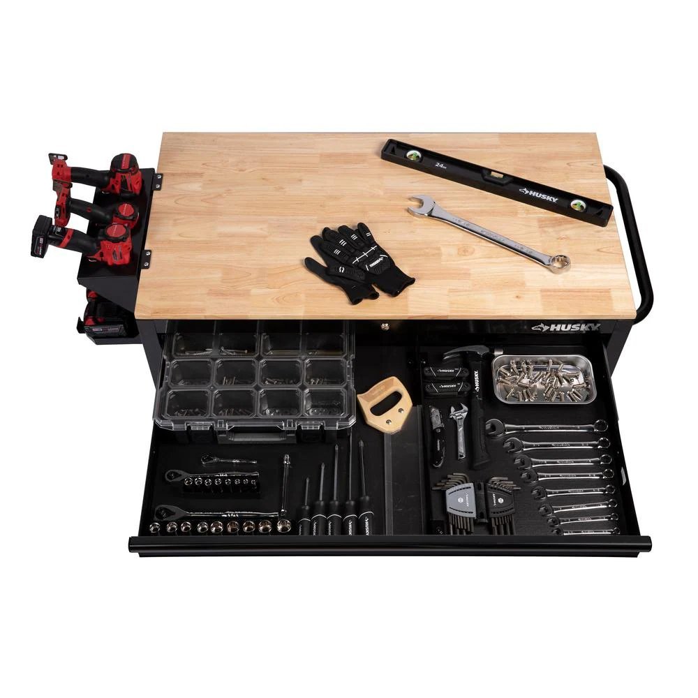 46 in. W x 24.5 in. D 9-Drawer Gloss Black Deep Tool Chest Mobile Workbench with Hardwood Top and Power Station-Kikonat