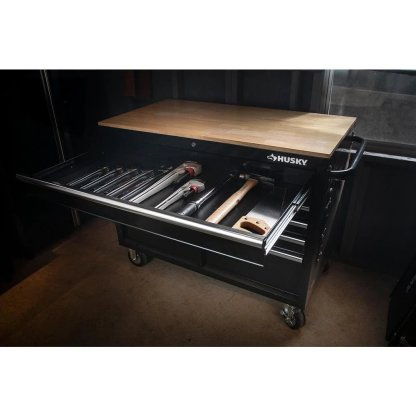 46 in. W x 24.5 in. D 9-Drawer Gloss Black Deep Tool Chest Mobile Workbench with Hardwood Top and Power Station-Kikonat