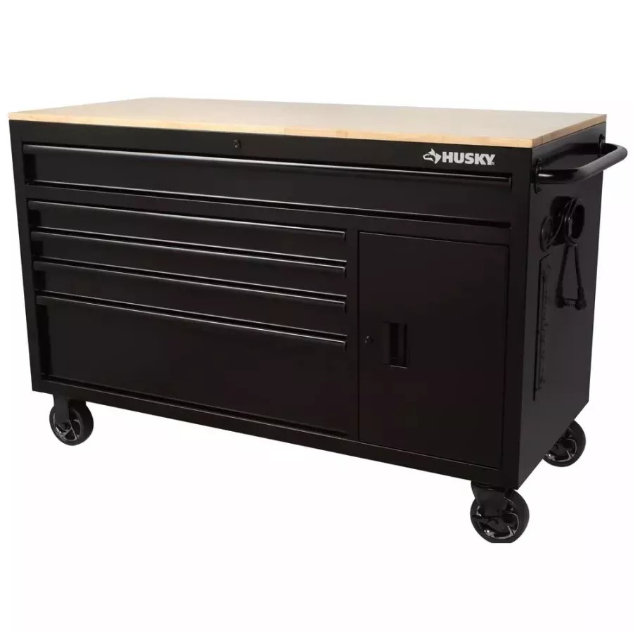 56 IN. W 5-DRAWER 1-DOOR, DEEP TOOL CHEST MOBILE WORKBENCH IN GLOSS BLACK WITH HARDWOOD TOP-Kikonat