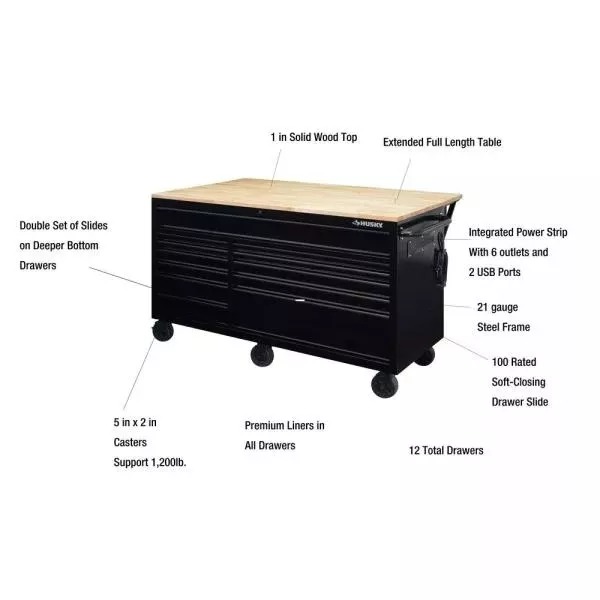62 IN. 12-DRAWER MOBILE WORKBENCH WITH FULL LENGTH EXT TABLE IN ALL BLACKED OUT-Kikonat
