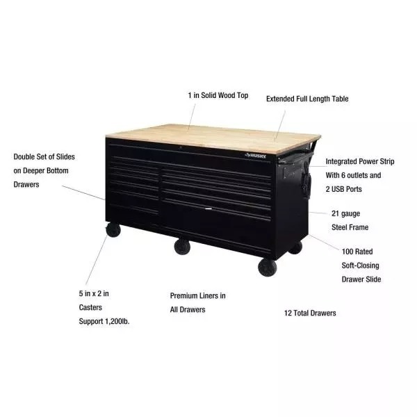 62 IN. 12-DRAWER MOBILE WORKBENCH WITH FULL LENGTH EXT TABLE IN ALL BLACKED OUT-Kikonat