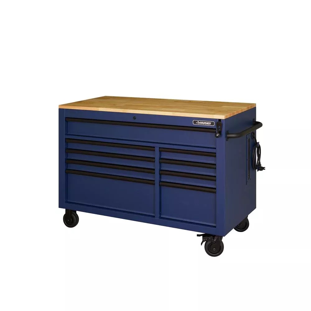 HEAVY-DUTY 52 IN. 9-DRAWER MOBILE WORKBENCH WITH ADJUSTABLE-HEIGHT SOLID WOOD TOP IN MATTE BLUE-Kikonat