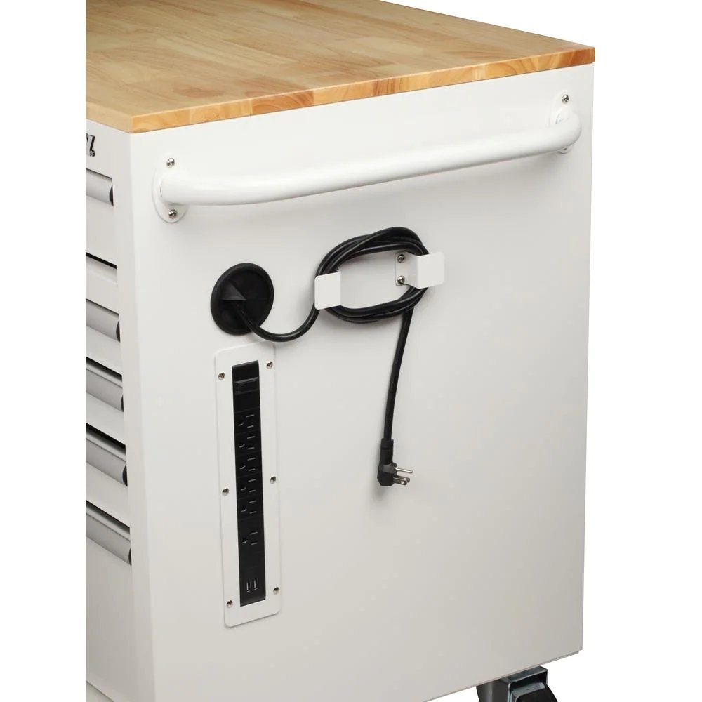 46 in. W x 24.5 in. D 9-Drawer Gloss White Deep Tool Chest Mobile Workbench with Hardwood Top-Kikonat