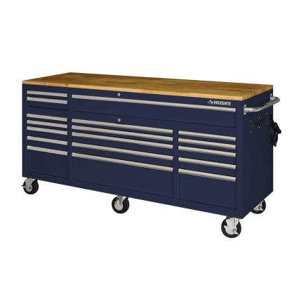72 in. 18-Drawer Mobile Workbench with Solid Wood Top in Gloss Blue-Kikonat