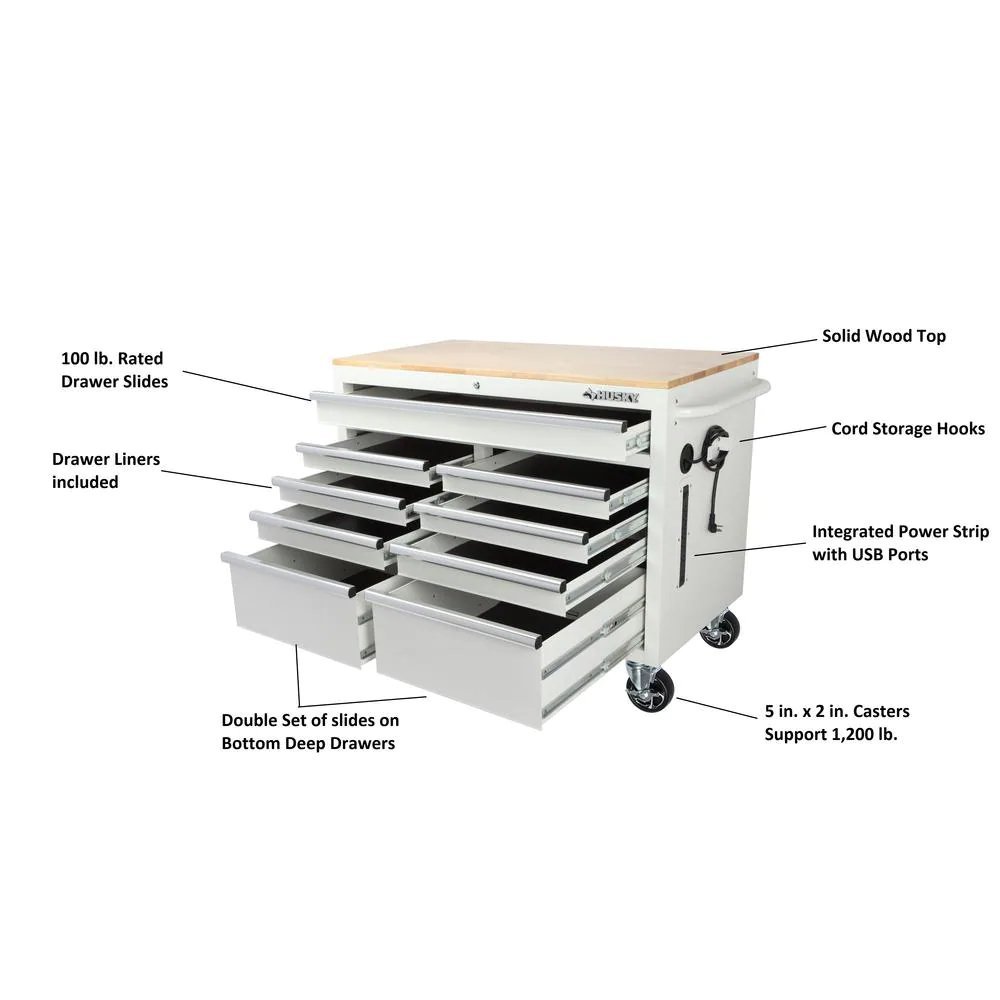 46 in. W x 24.5 in. D 9-Drawer Gloss White Deep Tool Chest Mobile Workbench with Hardwood Top-Kikonat