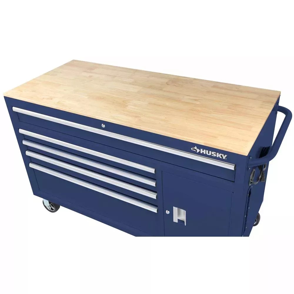 56 IN. W 5-DRAWER 1-DOOR, DEEP TOOL CHEST MOBILE WORKBENCH IN GLOSS BLUE WITH HARDWOOD TOP-Kikonat