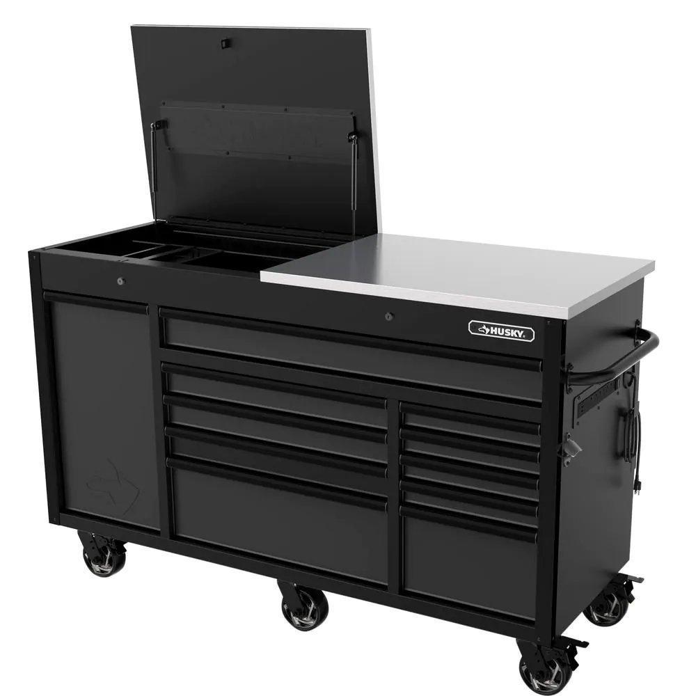 63 in. W 11-Drawer, Deep Tool Chest Mobile Workbench in Matte Black with Flip-Top Stainless Steel Top-Kikonat