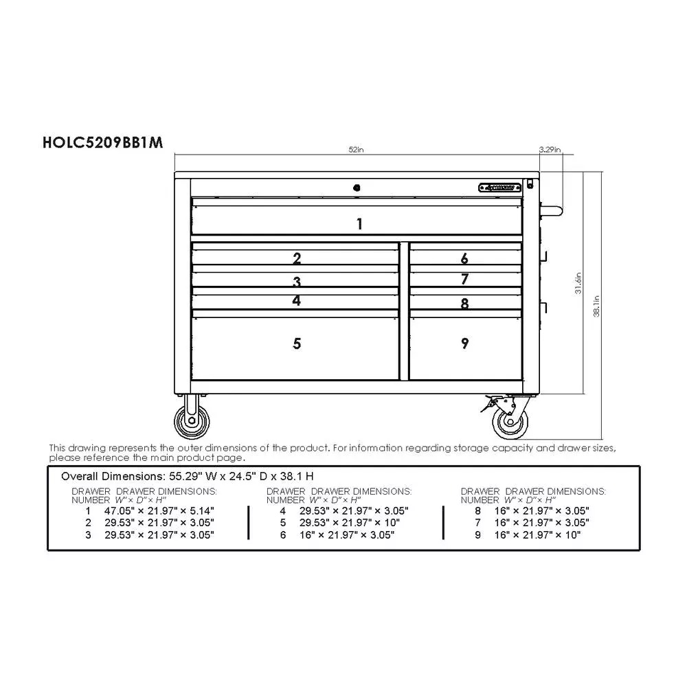 HEAVY-DUTY 52 IN. 9-DRAWER MOBILE WORKBENCH WITH ADJUSTABLE-HEIGHT SOLID WOOD TOP IN MATTE BLUE-Kikonat