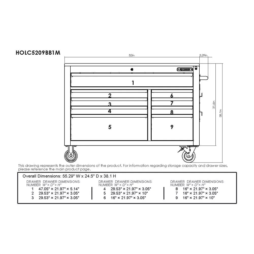 HEAVY-DUTY 52 IN. 9-DRAWER MOBILE WORKBENCH WITH ADJUSTABLE-HEIGHT SOLID WOOD TOP IN MATTE BLUE-Kikonat