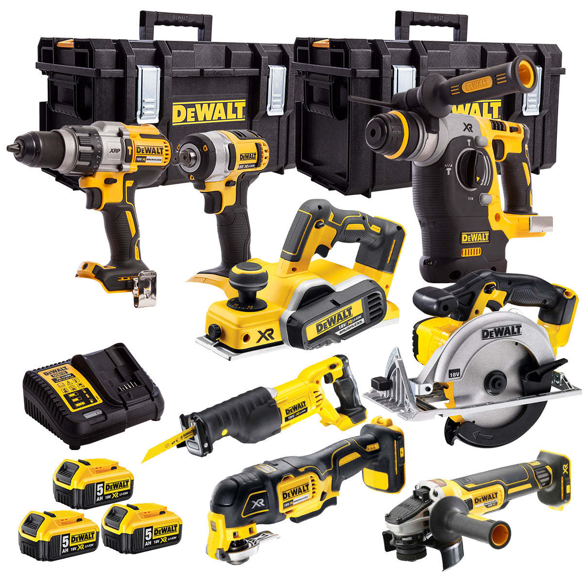 18V 8 Piece Power Tool Kit with 3 x 5.0Ah Battery Charger & 2 x Toughsystem Box T4TKIT-12843-Kikonat