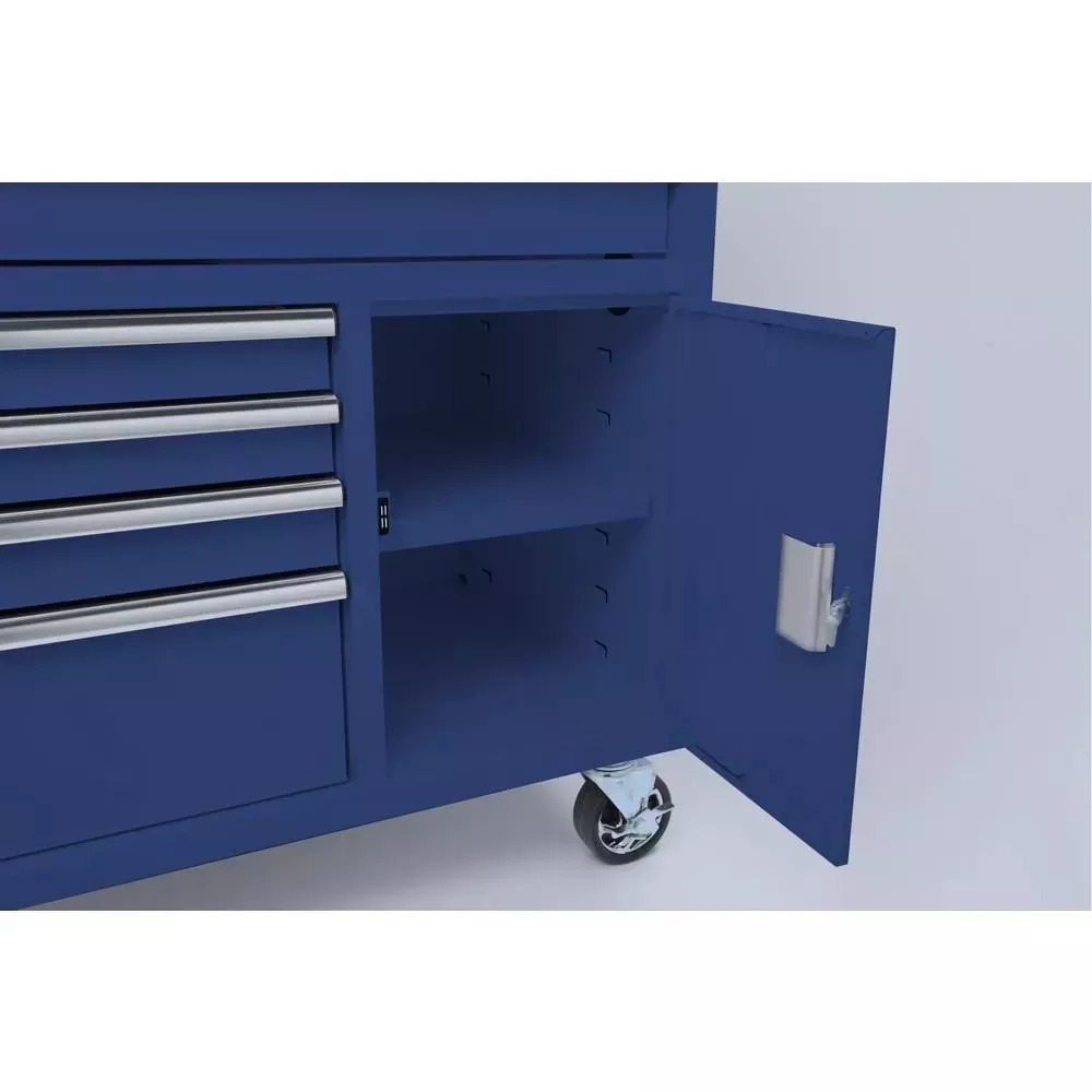 56 IN. W 5-DRAWER 1-DOOR, DEEP TOOL CHEST MOBILE WORKBENCH IN GLOSS BLUE WITH HARDWOOD TOP-Kikonat