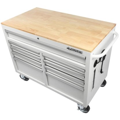 46 in. W x 24.5 in. D 9-Drawer Gloss White Deep Tool Chest Mobile Workbench with Hardwood Top-Kikonat