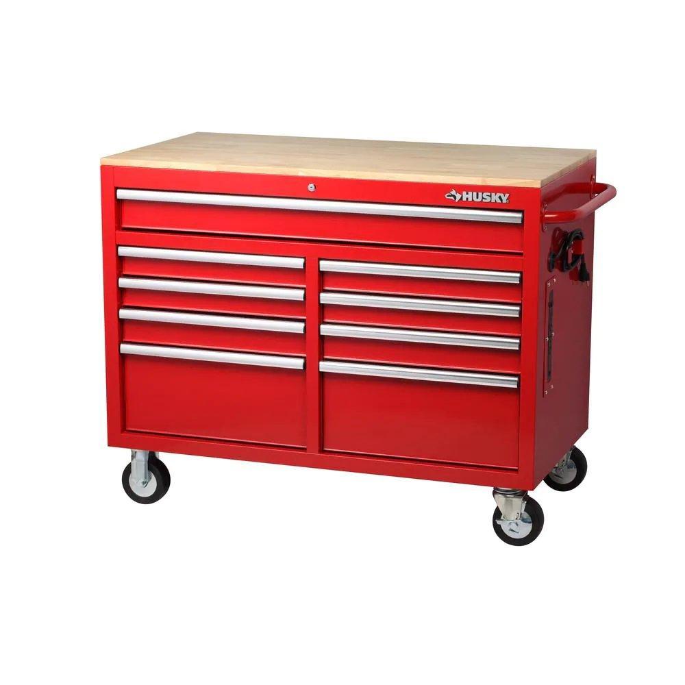 46 in. W x 24.5 in. D 9-Drawer Gloss Red Deep Tool Chest Mobile Workbench with Hardwood Top-Kikonat