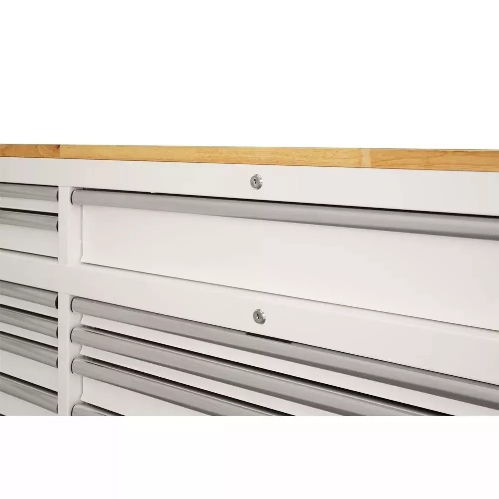72 IN. 18-DRAWER MOBILE WORKBENCH WITH SOLID WOOD TOP IN GLOSS WHITE-Kikonat
