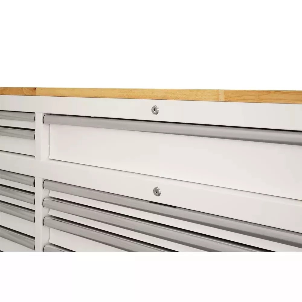 72 IN. 18-DRAWER MOBILE WORKBENCH WITH SOLID WOOD TOP IN GLOSS WHITE-Kikonat