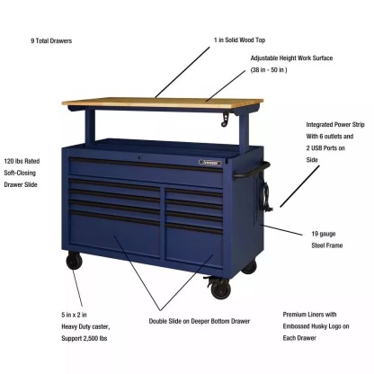 HEAVY-DUTY 52 IN. 9-DRAWER MOBILE WORKBENCH WITH ADJUSTABLE-HEIGHT SOLID WOOD TOP IN MATTE BLUE-Kikonat
