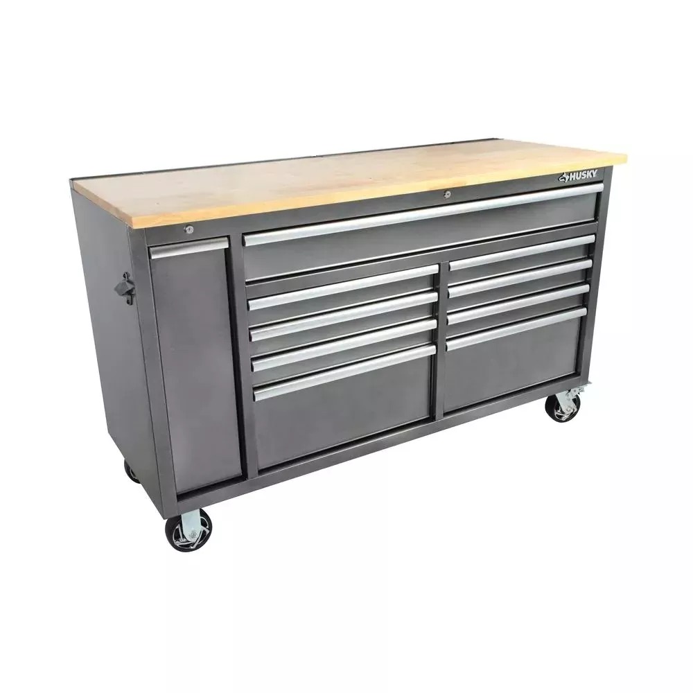 61 IN. W 10-DRAWER, DEEP TOOL CHEST MOBILE WORKBENCH IN METALLIC SILVER WITH SLIDING VERTICAL BIN STORAGE DRAWER-Kikonat