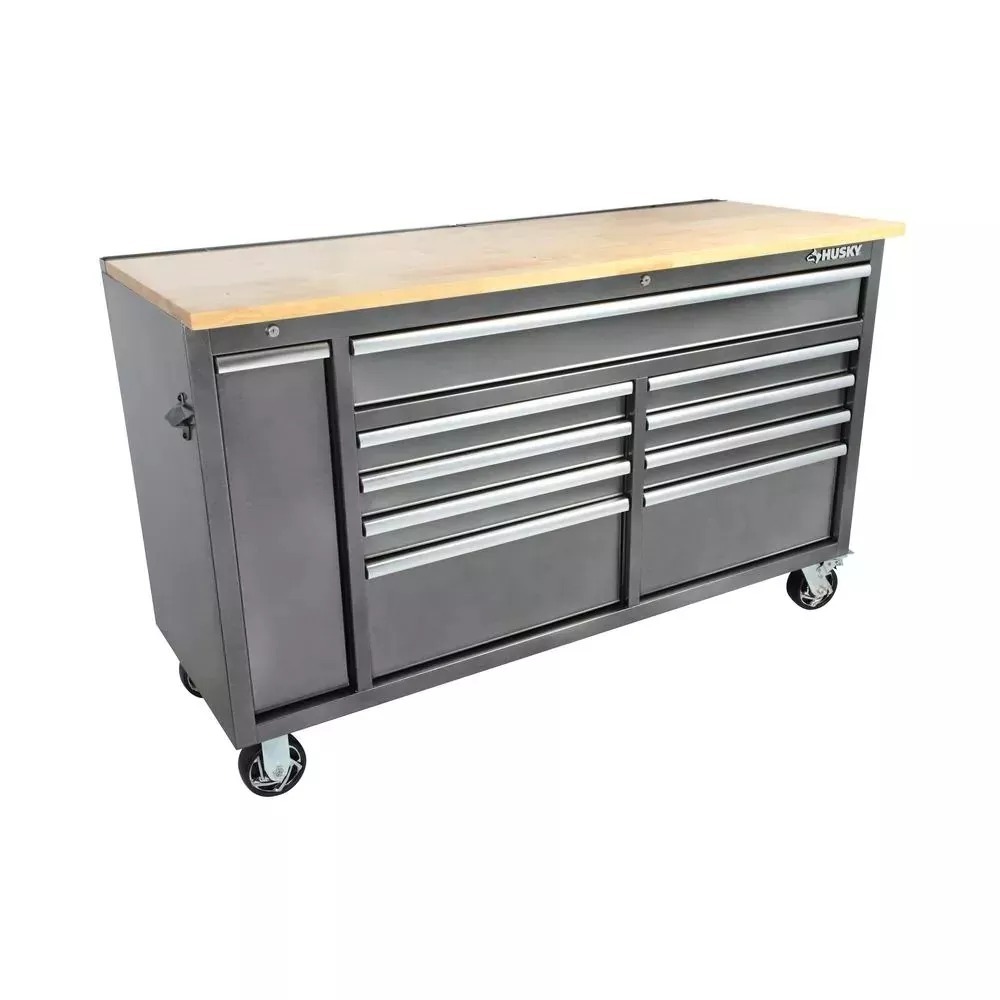 61 IN. W 10-DRAWER, DEEP TOOL CHEST MOBILE WORKBENCH IN METALLIC SILVER WITH SLIDING VERTICAL BIN STORAGE DRAWER-Kikonat