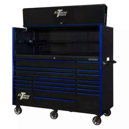 EXTREME TOOLS 72" RX SERIES 19-DRAWER 30" DEEP ROLLER CABINET W/HUTCH - BLACK W/BLUE DRAWER PULLS-Kikonat