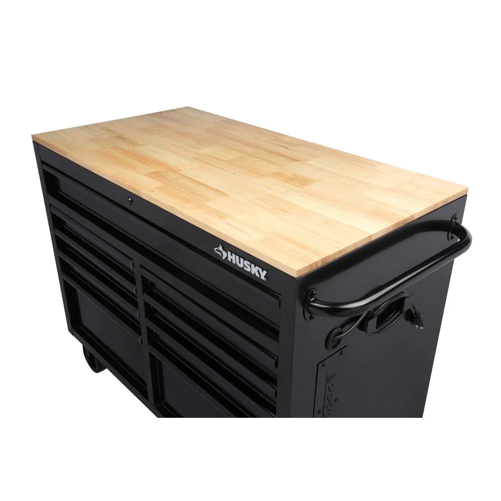 46 in. W x 24.5 in. D 9-Drawer Gloss Black Deep Tool Chest Mobile Workbench with Hardwood Top and Power Station-Kikonat