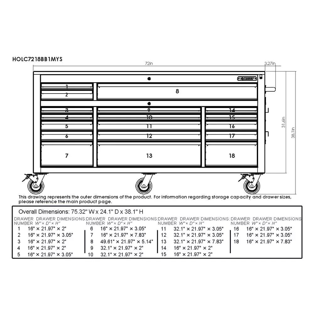 HEAVY-DUTY 72 IN. W 18-DRAWER, DEEP TOOL CHEST MOBILE WORKBENCH IN MATTE BLACK WITH ADJUSTABLE-HEIGHT HARDWOOD TOP-Kikonat