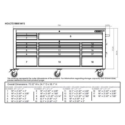 HEAVY-DUTY 72 IN. W 18-DRAWER, DEEP TOOL CHEST MOBILE WORKBENCH IN MATTE BLACK WITH ADJUSTABLE-HEIGHT HARDWOOD TOP-Kikonat