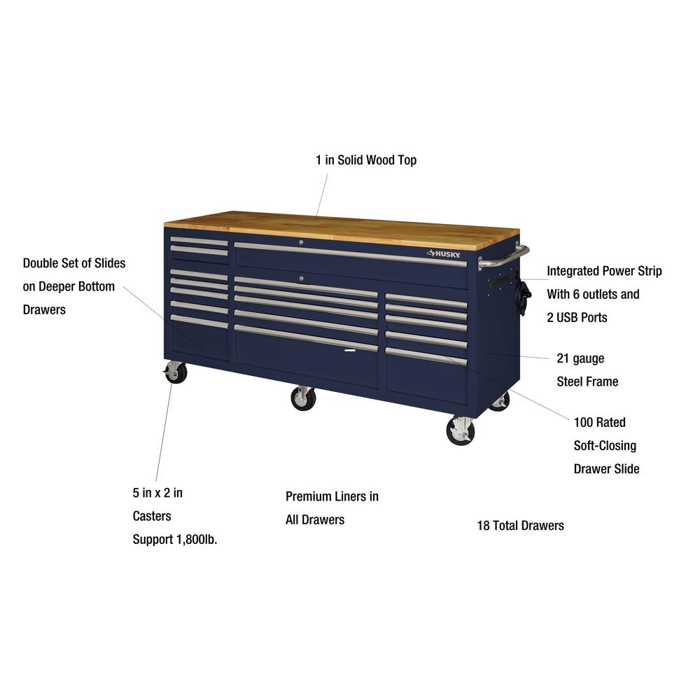 72 in. 18-Drawer Mobile Workbench with Solid Wood Top in Gloss Blue-Kikonat