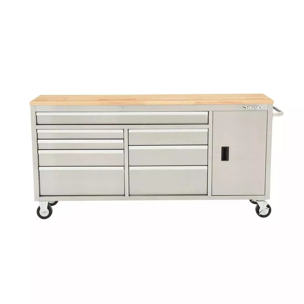 72 IN. 8-DRAWER AND 1-DOOR MOBILE WORKBENCH IN STAINLESS STEEL-Kikonat