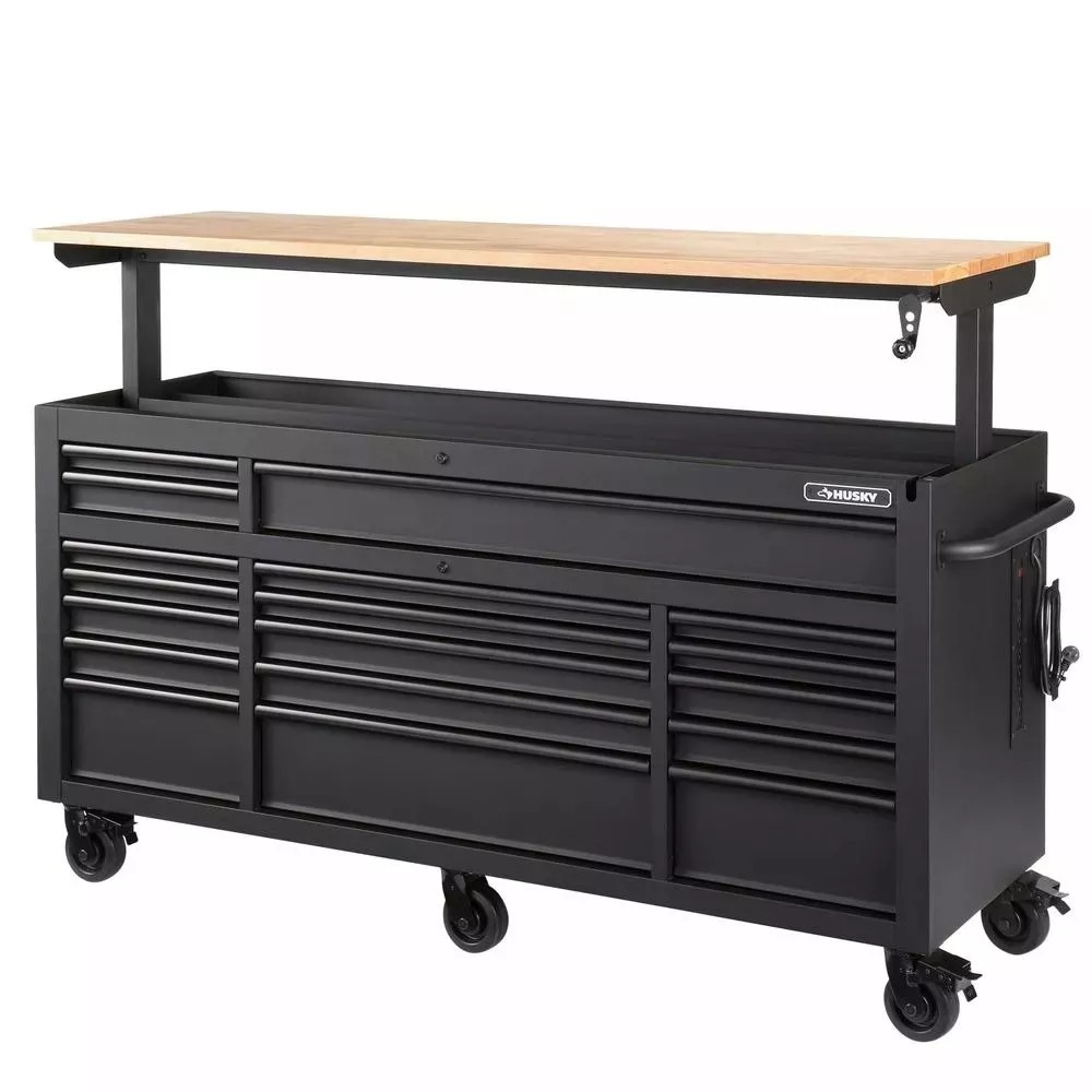 HEAVY-DUTY 72 IN. W 18-DRAWER, DEEP TOOL CHEST MOBILE WORKBENCH IN MATTE BLACK WITH ADJUSTABLE-HEIGHT HARDWOOD TOP-Kikonat